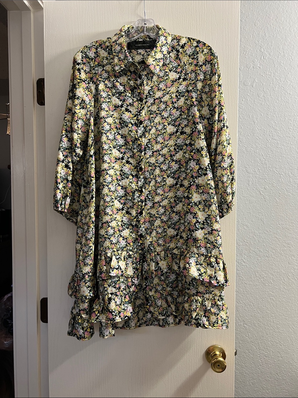 Code + Mode Floral Button-Up Dress in Black with Pastel Blooms